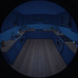 fisheye spiral lines, naive, extra narrow, detailed illustration of a nightly kitchen, large floor, dimly lit by rhads, trending artstation, wood texture, dark blue palette