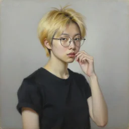 portrait of a korean trans girl with very short hair that is blonde at the tips, bedhead, wearing glasses, wearing a black t-shirt, oil on canvas, elegant pose, masterpiece, Jonathan Yeo painting