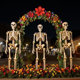 skeletons, flowers and vines celebrating cinco de mayo at night, caulfield