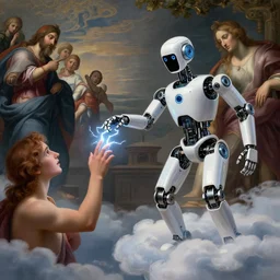 modern mechanical robot on the clouds is touching a human with lightning fingers, classical religious painting, michelangelo, concept art, disney, stanley kubrick