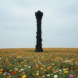 very intrincated and ominous tall black column stands in the middle of an infinite plain covered with colorful flowers