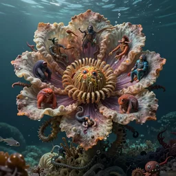 grotesque flower made from underwater monsters, by rutkowski and giuseppe arcimboldo, james jean and erik jones and rhads, ultradetailed, photorealistic details, full frame, trending artstation