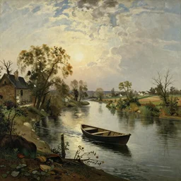 An intricate, extremely detailed painting in a style of rembrandt featuring a river in Europe, surrounded by trees and fields. A dinghy is slowly moving through the water. Sun is shining.