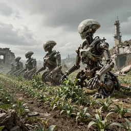 automated farming array harvesting alien crops, sci fi, ruins, photography, concept art, featured, highly detailed, overcast, gritty, alien technology