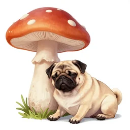adorable pug sleeping at the foot of a large mushroom, white background, professional stipple hand - drawn scientific illustration, black and white image.