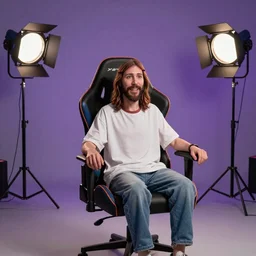 jesus christ on his gaming chair, streaming on twitch live, studio lighting, 8k