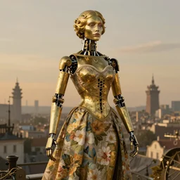 brass semi - mechanical woman, portrait, floral art novuea dress, art by ardian syaf and moebius, william adolphe bouguereau, in steampunk cityscape, golden hour, robotic prosthetic limbs