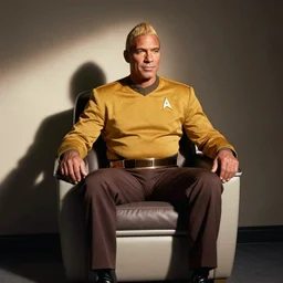 body builder jean - luc picard sitting on the captains chair