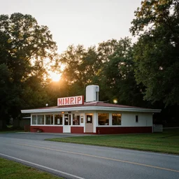 upward shot of an old mom and pop diner on a quiet country road surrounded by woods, the evening sun behind it
