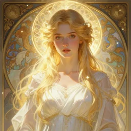 digital character concept art by artgerm and greg rutkowski and alphonse mucha. clear portrait taken this year of a young wife blessed by god to uncontrollably become overwhelmingly perfect!! blonde, clothed! obviously feminine holy body!! light effect. hyper detailed, glowing lights!! intricate, elegant, digital painting, artstation, smooth, sharp focus