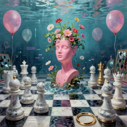 computer glitch, David Friedrich, giant marble chess pieces, gold rings, liminal spaces, party balloons, checkered pattern, mirrors, David Friedrich, award winning masterpiece with incredible details, Zhang Kechun, a surreal vaporwave vaporwave vaporwave vaporwave vaporwave painting by Thomas Cole of an old pink mannequin head with flowers growing out, sinking underwater, highly detailed