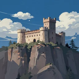 landscape 2 d by raphael lacoste and erikas perl, castle, by g liulian, ruins, defined forms, beautiful cloudy deep blue sky, perfect composition, cliffs, no fog, detailed, flat ilustration, trending on artstation
