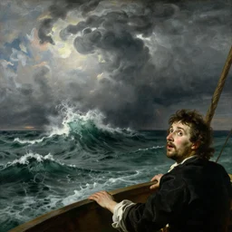 closeup of a single man on a boat who is amazed by the beauty of a huge storm in the middle of the sea that is about to absorb him and end his life, painting by gustave courbet, high detail, claude joseph vernet, rembrandt, museum painting, masterpiece