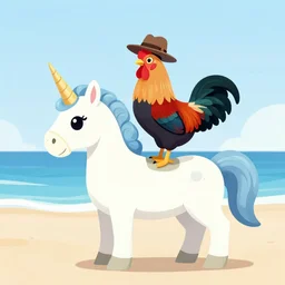 A rooster wearing a fedora standing on a unicorn at the beach with a rainbow in the sky, detailed, vibrant, realistic, sunset, clear, 8k, hd, award winning image
