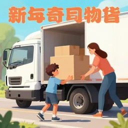 cover art, poster of the boy uses his truck to help his mom move some furniture around the house, by bruce pennington, and tim hildebrandt and greg rutkowski and artgerm