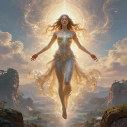 overdetailed maximalist fullbody portrait of a beautiful female energy being transcending to her true form while floating over a surreal landscape. Made by oozium, inspired by silvio vieira, overpainted by loish. 8k 3d realistic render. Bright, sacred, spiritual, dawn, backlit, calm, relaxed, dynamic, ethereal, arcane, intricate, mysterious, dramatic, cinematic.