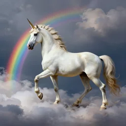 a unicorn in the style of Caravaggio, walking across a rainbow. Beautiful clouds, highly detailed. Dramatic composition and beautiful light.