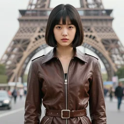 youthful asian blade runner demure, exquisite perfect features, cute feminine cut, 1 9 7 0's frontiers in flight leather suit, paris fashion