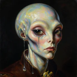 a baroque portrait painting of an alien magician face dripping in liquid mercury. iridescent colors, black background. highly detailed science fiction painting by norman rockwell, moebius, frank frazetta, and syd mead. rich colors, high contrast. artstation