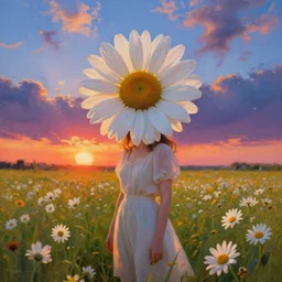 girl with a giant daisies head, surreal photography, flower field, sunset dramatic light, impressionist painting, colorful clouds, blue sky, digital painting, artstation, simon stalenhag