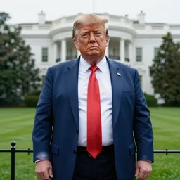 extremely damp, wet, sweaty president donald trump, very fat, photograph on the white house lawn