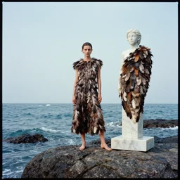 a fashion model standing on a rock near the ocean, a marble sculpture by annie leibovitz, featured on cg society, environmental art, made of feathers, shot on 7 0 mm, movie still