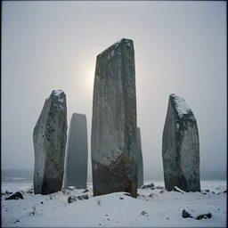 a photograph of skyscrapers stand isolated like neolithic standing stones, backlit, by sarah moon and joel peter witkin, 1 8 0 0 s vintage, grainy, snow, highly detailed, gloomy and foggy atmosphere, octane render, cinematic lighting, photographic emulsion cracked and peeling, tri - x, 8 k, hd