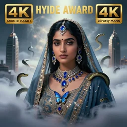 hyperrealistic portrait of a young hyderabadi muslim woman as a a nymph, sapphire butterfly jewellery, snakes emerging from mystic fog smoke, above the clouds skyscrapers. by jeremy mann, fantasy art, photo realistic, dynamic lighting, artstation, poster, volumetric lighting, 4 k, award winning