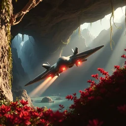 a photo of futuristic sci - fi aircraft hurtling through a prehistoric jungle cave, mountains, vines, water, red shrubs, lush flora, beautiful render, volumetric lighting, haze, raytracing, 8 k