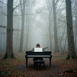piano in the middle of foggy woods, by simon stalenhag, roger dean and greg rutkowsky,