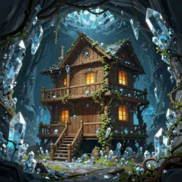 in the underground crystal mine, there is a wooden house villa wrapped by vines. the walls of the villa are inserted with many cold crystals, and the atmosphere is very strong,, trending on artstation, illustrated by greg rutkowskia, 4 k digital art, the style of borderlands 2