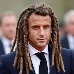 Emmanuel Macron with dreadlocks wig at G20, long dreadlocks, lots of dreadlocks on the head, Rasta dreadlocks Macron