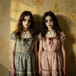 a beautiful and eerie baroque painting of two beautiful but creepy siblings wearing vivienne westwood dresses in layers of fear, with haunted eyes and dark hair, 1 9 7 0 s, seventies, wallpaper, a little blood, morning light showing injuries, golden hour, delicate embellishments, painterly, offset printing technique, by brom, robert henri, walter popp