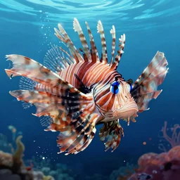 a beautiful lionfish manipulating water by karol bak, ayami kojima, artgerm, river, water, blue eyes, smile, concept art, fantasy