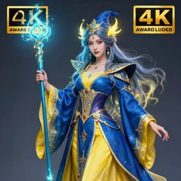 beautiful elemental electric witch with ornate blue andyellow robes and staff, highly detailed, 4 k, hdr, smooth, sharp focus, high resolution, award - winning photo, artgerm, photorealistic