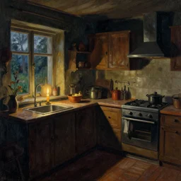 weird perspective epic illustration of a kitchen dim lit by 1 candle in a scenic environment by Anton Fadeev
