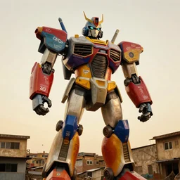 colourful giant mecha ROBOT of AJEGUNLE SLUMS of Lagos, writings and markings on robot, Golden hour,