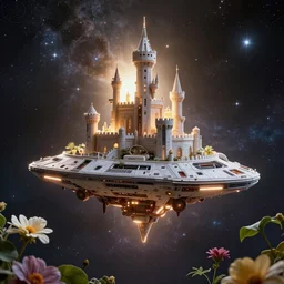 castle space ship organic, flower, leaf, cosmic, futuristic, global illumination, radiant light, stellar background, by stanley kubrick