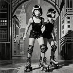 full length portrait of 2 0 year old mary louise brooks roller skating, shiny bob haircut, dramatic light, abstract art deco city background, screen print, high contrast, sharp,, painted by ross tran 1 9 2 0 s