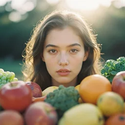 analog close up frontal face portrait photography of a beautiful woman surrounded by fruits and vegetables by mark owen. vogue. kodak portra 8 0 0 film. ( depth of field ). whirl bokeh!!. golden hour. detailed. hq. realistic. warm light. muted colors. filmic. dreamy. lens flare. mamiya 7 ii, f / 1. 2, symmetrical balance, in - frame