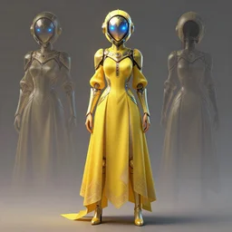 a full body character design of a beekeeper with yellow dress by loish, hong soonsang, tooth wu and zeen chin. sci - fi helmet with blue glowing eyes!! sharp edges. contour light!! ultra detailed, elegant, intricate, octane render.