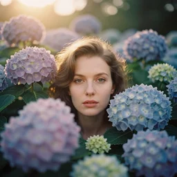 An vintage analog head and shoulder frontal face portrait photography of a woman surrounded by various multiple giant oversized Hydrangea by Maxim Nikolaev. Kodak Portra 800 film. shallow depth of field. (Depth of field). whirl bokeh!!. Golden hour. detailed. hq. realistic. warm light. muted colors. Moody. Filmic. Dreamy. lens flare. Mamiya 7ii, f/1.2, symmetrical balance, in-frame