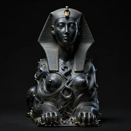 symmetry!! full beautiful female porcelain sphinx body sculpture by daniel arsham and raoul marks, intricate, elegant, highly detailed, digital painting, artstation, smooth, sharp focus, all black features on a black background, delicate facial features, golden ratio composition, interconnected, liquid composition, conceptual sculpture, global lighting