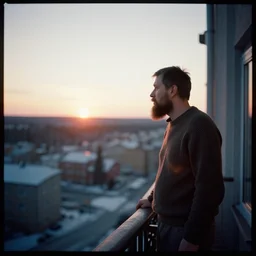 lomographic tarkovsky film still of 4 0 years russian man with beard and sweater standing on small hrushevka 9 th floor balcony in taiga looking at sunset, perfect faces, cinestill, bokeh