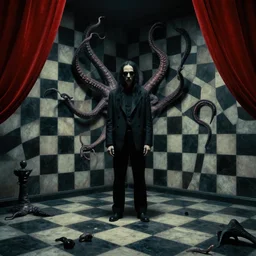 extremely detailed checkerboard movie shot portrait of a dark bizarre figure standing in the corner of a checkerboard checkerboard room by denis villenueve, yves tanguy, lovecraft, roger dean, amano, david lynch, tentacles, dynamic composition, rich moody colours, red drapes