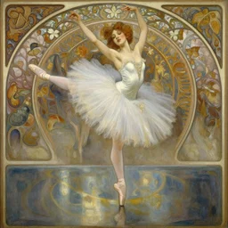a beautifull intricate oil painting of a dancing ballerina, reflexions, verry high details by william turner art, greg rutkowski and alphonse mucha, trending on artstation, very very detailed, masterpiece, muted colors