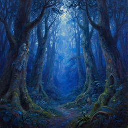 oil painting of fantasy magic forest, by m. c. escher and james jean and craig mullins, blue