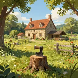 idyllic beautiful medieval cottage farmstead landscape on warm summer day, axe resting against tree stump in foreground, trending on artstation, digital art ( by joseph meehan ) ( by victor adame ) ( by anna steinbauer )
