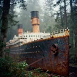 lomo photograph of titanic rusting in a dense forest, out of focus, dramatic lighting, day, grainy, fog