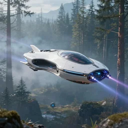 futuristic levitating luxury personal spaceship designed by apple with a laser cannons flying above the tundra forest art by greg rutkowski and paul ozzimo, epic fantasy sci - fi volumetric light clear focus detailed unreal engine digital art trending on artstation deviantart octane render,